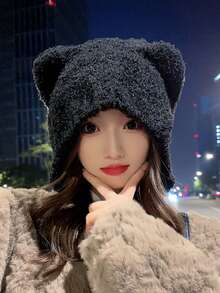 1頂女士毛線帽,可愛小熊造型,秋冬季節保暖帽子,日常穿著