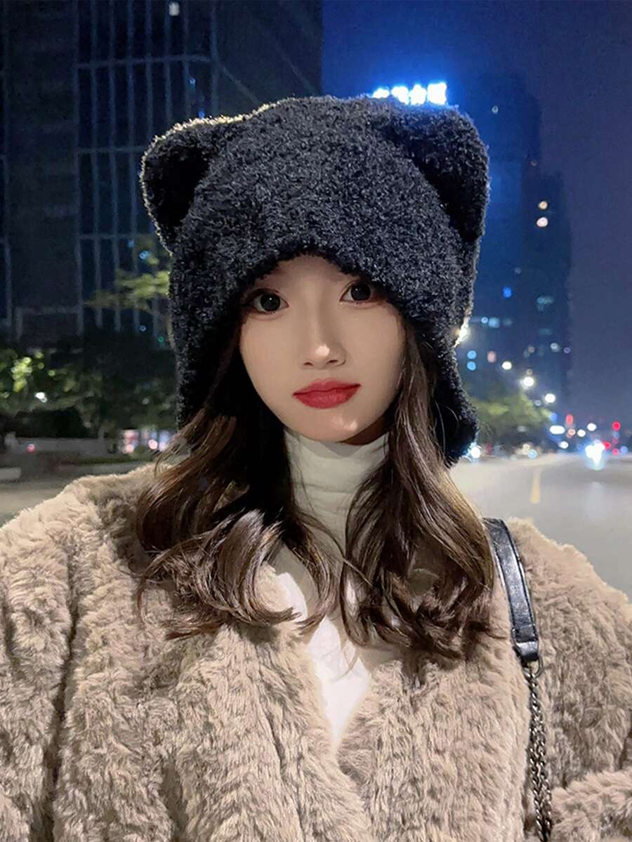 1頂女士毛線帽,可愛小熊造型,秋冬季節保暖帽子,日常穿著