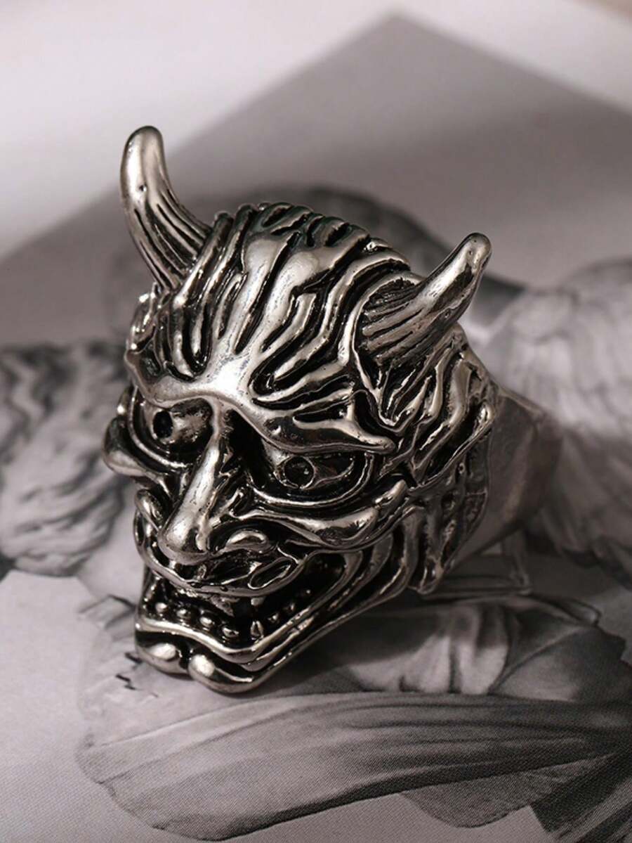 1pc Zinc Alloy Prajna Mask Design Men's Daily Wear Open Ring - Antique Silver - View 1