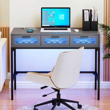 LvifurGurexl Vanity Desk with Lights, Vanity Table Set with 3 Large Drawers, 40 inch Modern Home Office Computer Desk Makeup Dressing Console Table with Metal Legs