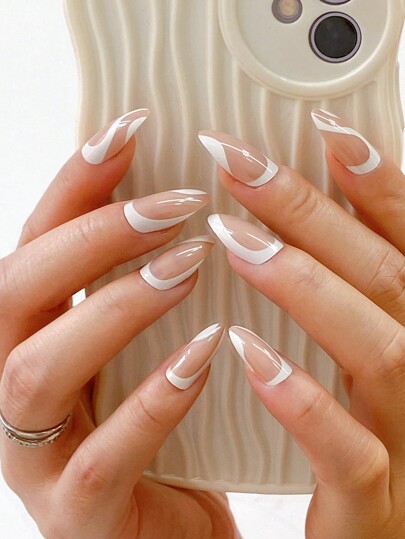 26pcs/set Almond Shaped Transparent Light Pink French False Nail Tips With Twisted Design