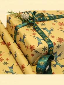 5 Yards 2.5cm Christmas Ribbon, With Holiday Printed Grosgrain Ribbon And Metallic Flash, Gift Wrapping And Decorating Material - Green - View 4