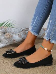 女士尖头蝴蝶结设计平底鞋，优雅低帮鞋 - 黑色 - 查看 3