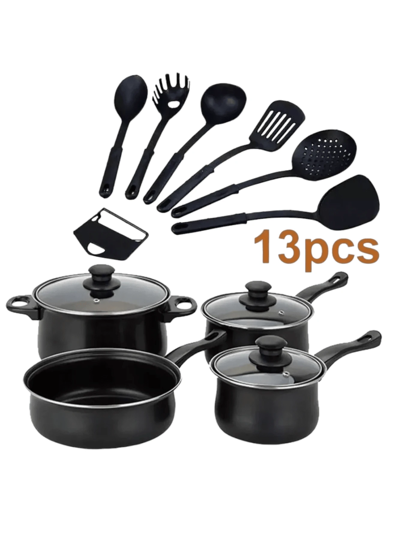 MAXIIZAZAGA Bateria De Cocina 13 Piezas, Acero Antiaderente Ag Box Juego de cocina económico incluye utensilios - Negro - Ver 1