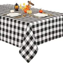 1片聖誕格子桌布,農舍水牛格子桌布,適用於聖誕感恩節萬聖節派對裝飾(黑白格子,56x84英寸)