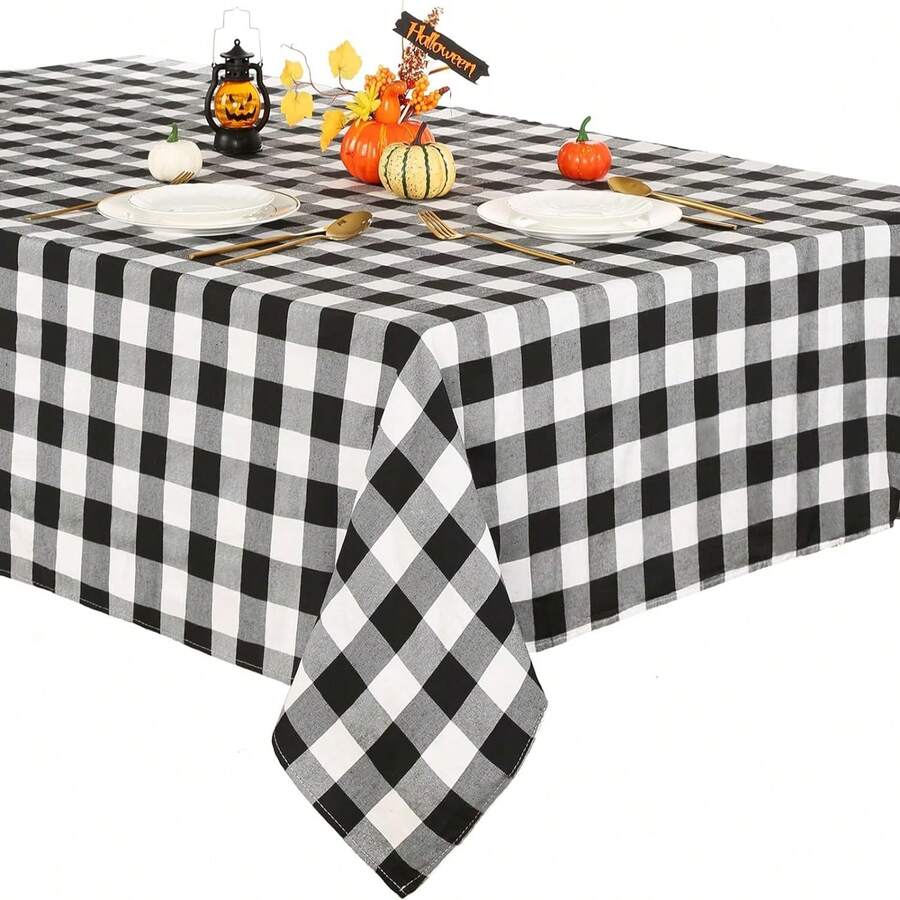 1片聖誕格子桌布,農舍水牛格子桌布,適用於聖誕感恩節萬聖節派對裝飾(黑白格子,56x84英寸)