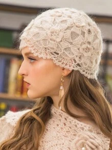 1頂手工編織復古鉤針貝雷帽，中空花朵設計，適合秋冬日常穿著波帽發帶頭巾 - 杏色 - 查看 4