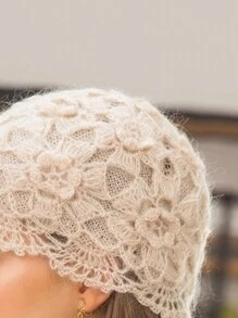 1頂手工編織復古鉤針貝雷帽，中空花朵設計，適合秋冬日常穿著波帽發帶頭巾 - 杏色 - 查看 5