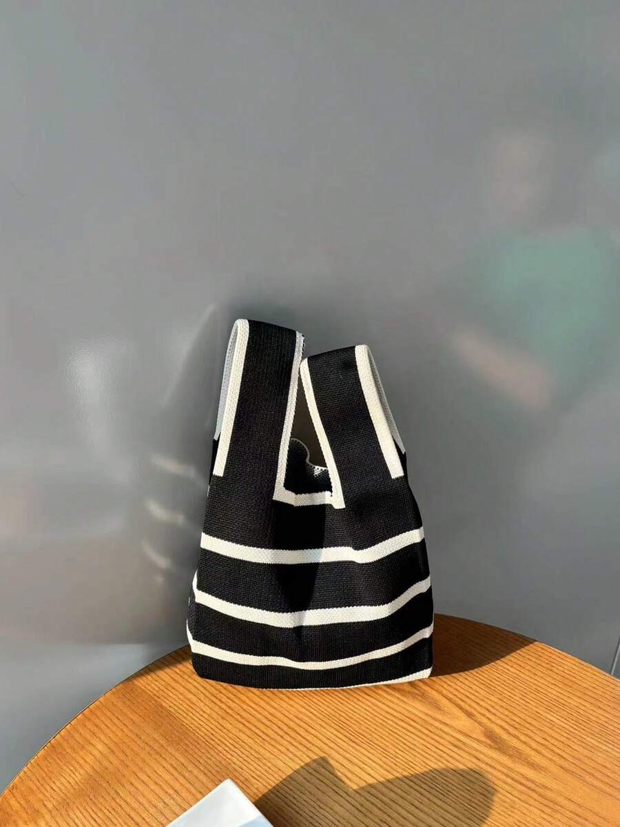 Knitted Vest Bag, Cute, Fashionable, Simple, Handheld & Shoulder, Cat Printed, Color Block, Lightweight Luxury Style Women's Bag - Multicolor - View 1