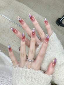 30Pcs/Set Medium-Long Coffin Shape Nail Stickers With Gradient Pearl Shimmer & Rhinestone, Includes 1Pc Jelly Gel And 1Pc Buffer Block, Suitable For Party, Dance, Daily Wear Press On Nails Nail Supplies Nails - Multicolor - View 1