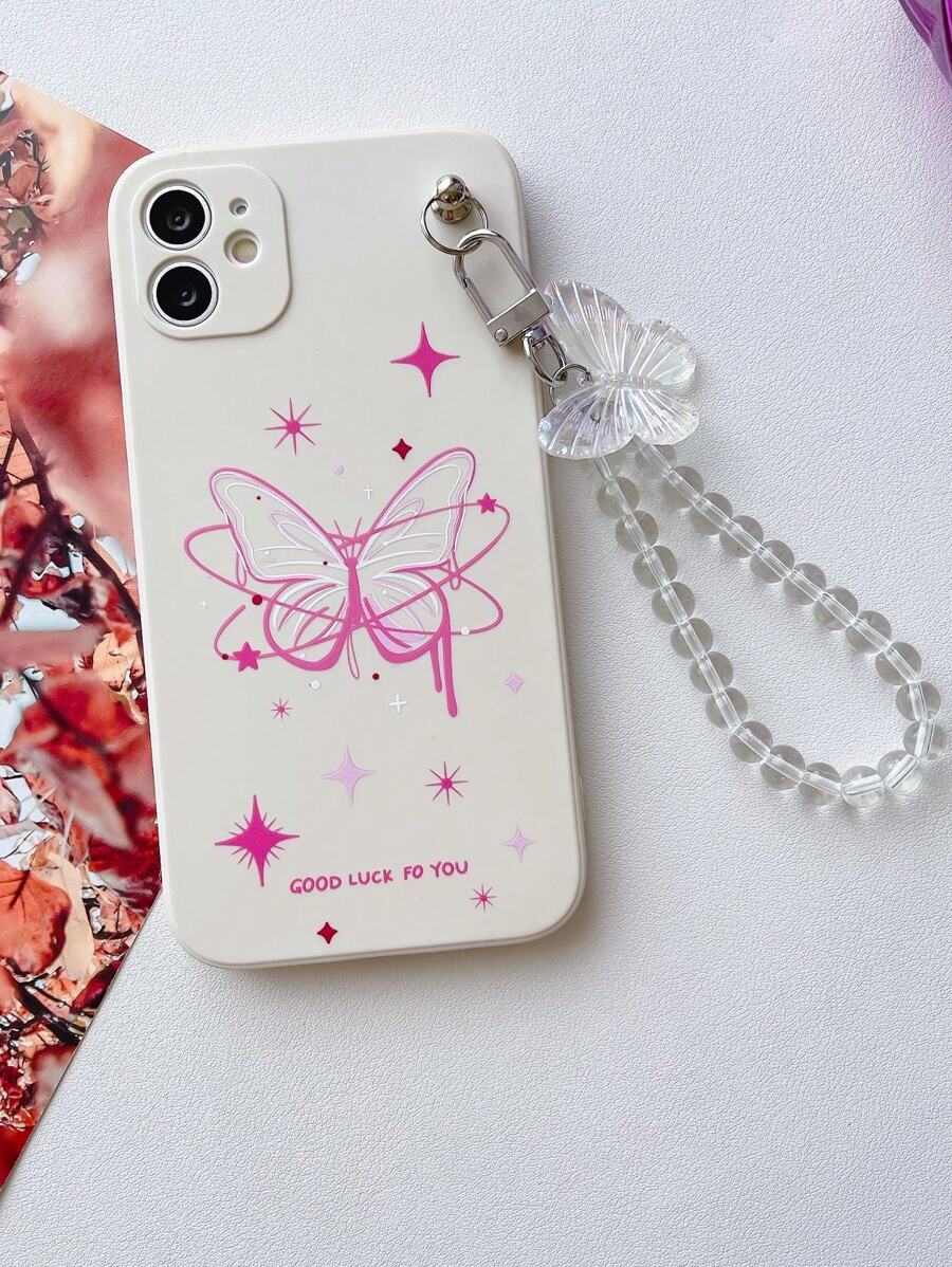 1 pieza Funda de teléfono de TPU con estampado de mariposa en color y 1 pieza Funda de teléfono de pulsera transparente con mariposa compatible con iPhone/ compatible con Samsung/ compatible con Xiaomi/ compatible con OPPO, versión internacional, no la versión nacional - Multicolor - Ver 1