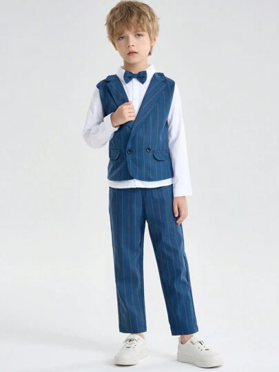 SOLOCOTE 年輕男孩條紋印花蝴蝶結前扣2合1襯衫和褲裝套裝，正式場合紳士套裝，適用於派對、婚禮、學校晚會、主持、舞臺表演等場合。