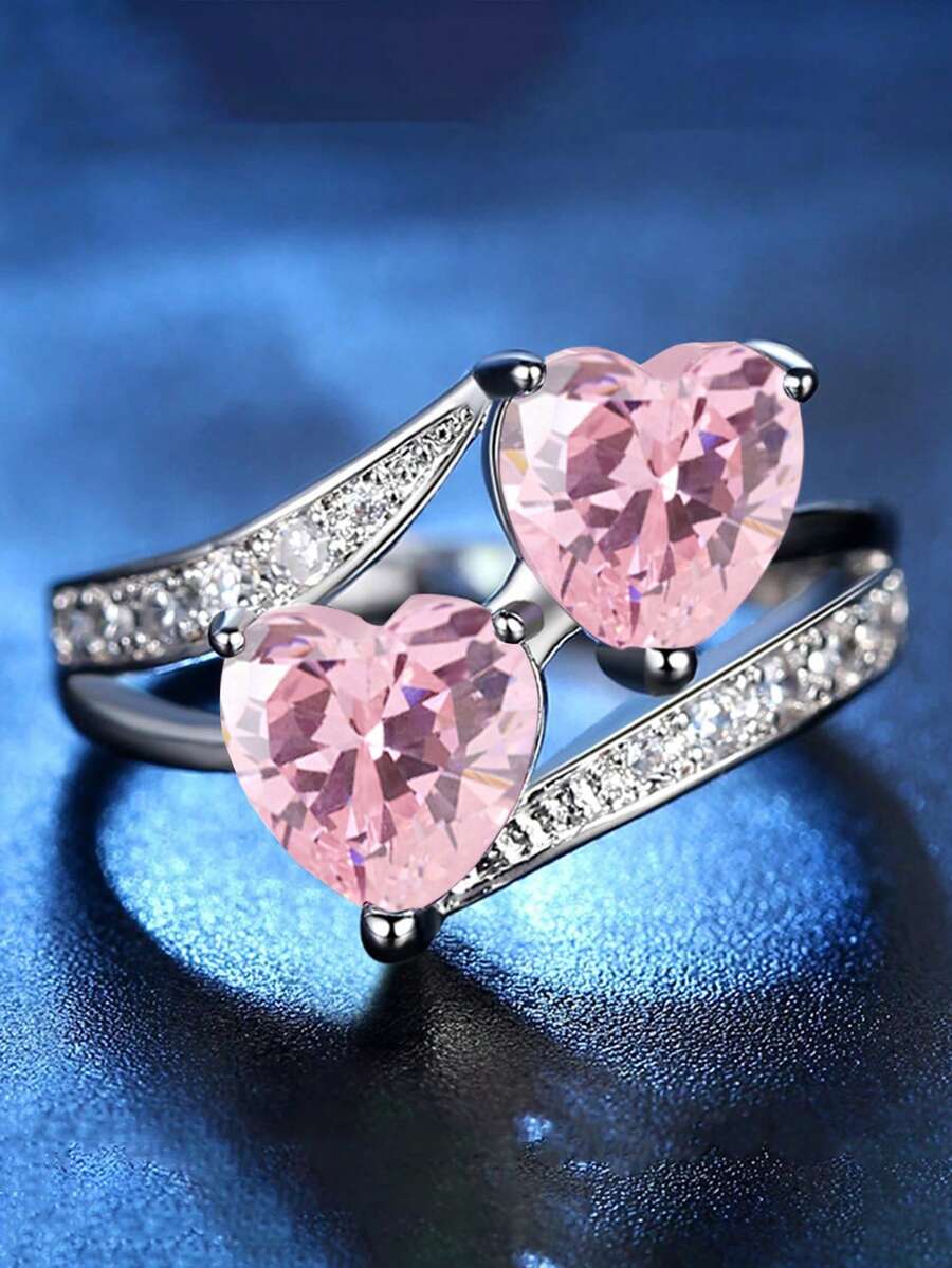 1 Anillo De Corazon Dual De Piedra De Circonia Rosa Para Mujer - Multicolor - Ver 1