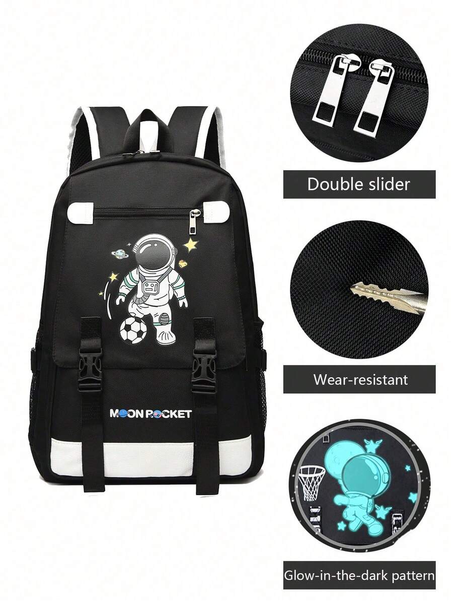 Nueva Mochila Casual De Manga Larga Para Hombres Con Estampado Iridiscente, Bolsa Escolar Multifuncional De Gran Capacidad Con Compartimento Para Computadora, Mochila Escolar Con Repelente Al Agua Y Regalo De San Valentín Para Hombres Mochila Casual De Día Negra - Negro - Ver 1
