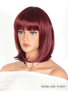 女士假髮帶瀏海合成直髮假髮女酒紅色肩髮黑髮根女孩日常使用角色扮演 - 酒紅色 - 查看 2