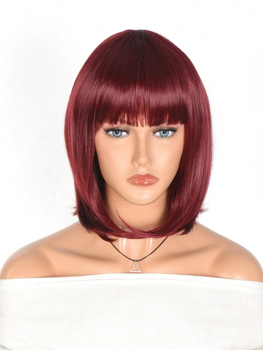 女士假髮帶瀏海合成直髮假髮女酒紅色肩髮黑髮根女孩日常使用角色扮演 - 酒紅色 - 查看 1