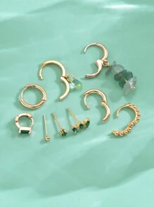 9入組自然幸運石綠色調吊墜耳環和耳釘,搭配優雅的綠色立方氧化鋯飾品,適合派對、節日、約會或婚禮佩戴 - 金黃色 - 查看 3