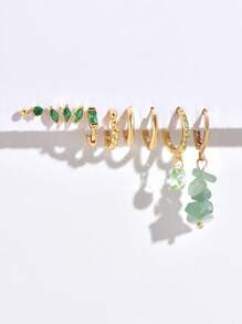 9入組自然幸運石綠色調吊墜耳環和耳釘,搭配優雅的綠色立方氧化鋯飾品,適合派對、節日、約會或婚禮佩戴 - 金黃色 - 查看 2