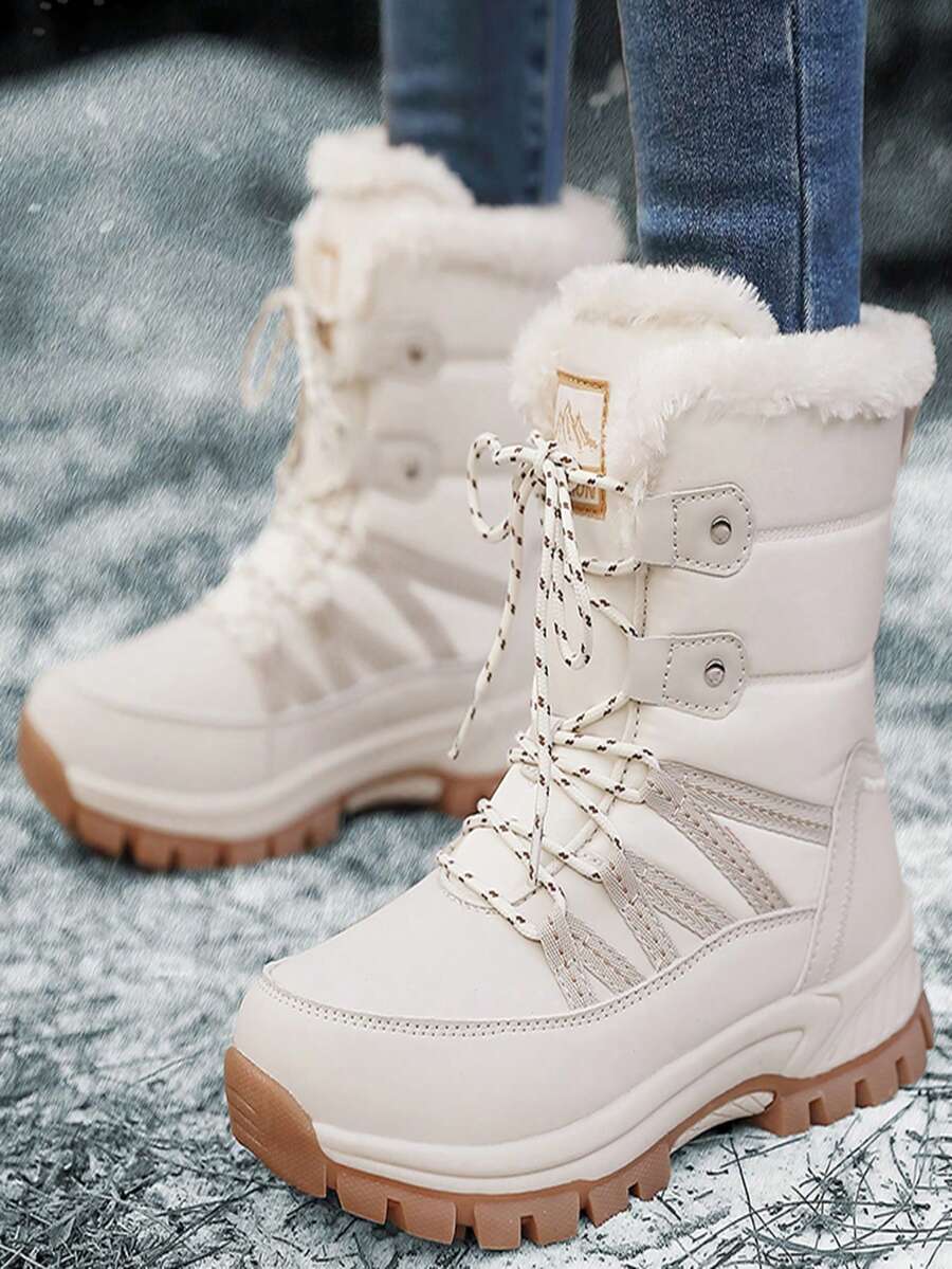 女性時尚高溫保暖毛絨高筒增厚絨面運動耐水耐滑戶外休閒雪地靴,適用於冬季 - 米色 - 查看 1