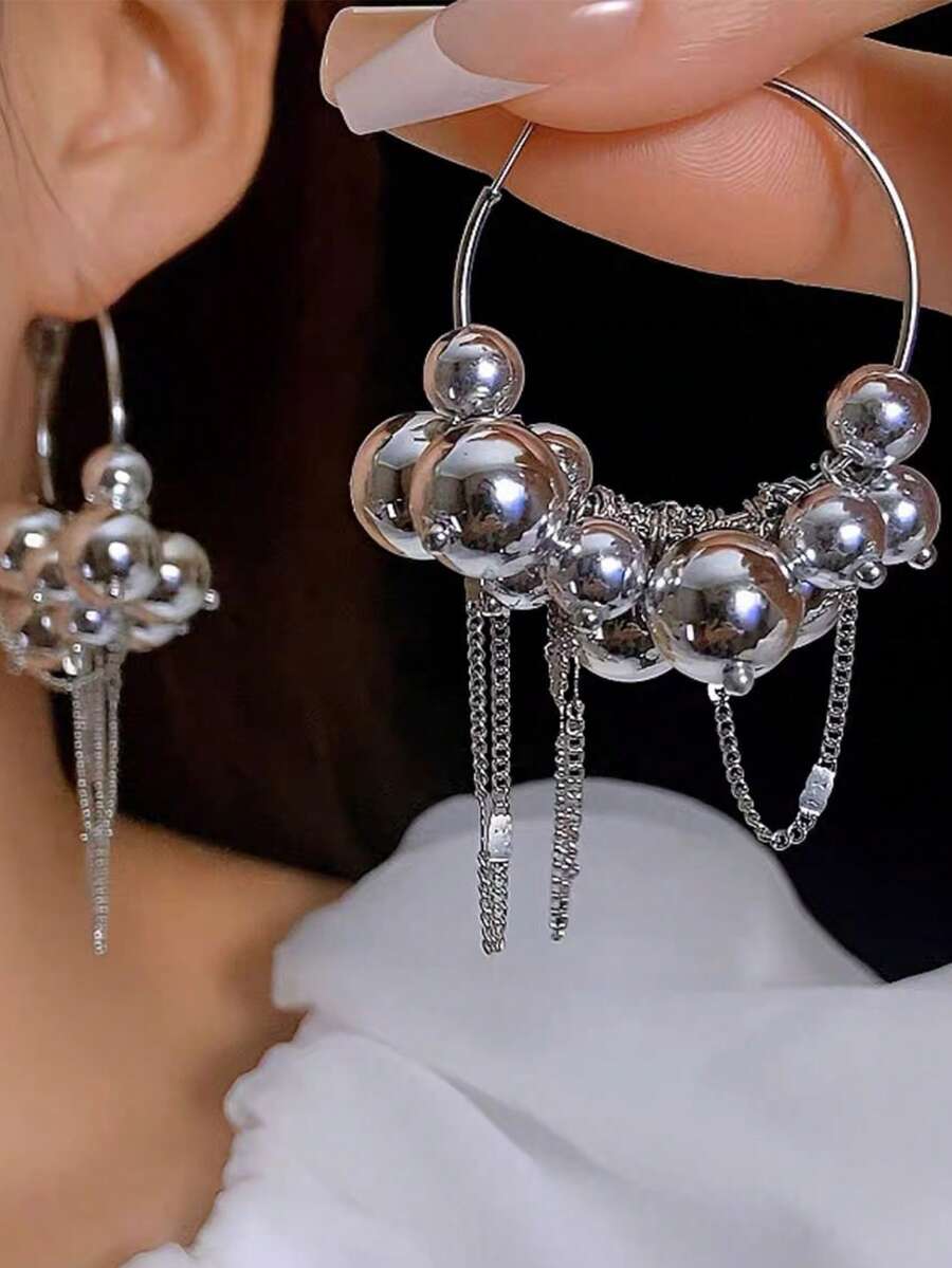 1pair Oversized Tassel Dangle Earrings For Women - Silver - View 1