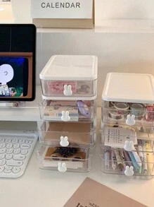 1 Pieza Caja Organizadora De Escritorio En Forma De Conejo Con Cajón De Almacenamiento Para Cosméticos, Lápiz Labial, Papelería Y Varias Chucherías Con Diseño Claro - Blanco - Ver 6