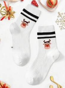 1 Pair Kids' Cute Deer Head & Facial Expression Patterned Christmas Socks, Skin-friendly, Soft & Comfortable Mid-calf Socks Suitable For Christmas Wear - Black and White - View 1