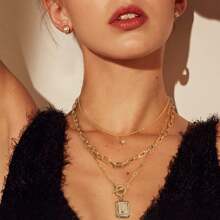 3pcs Women's Eight-Pointed Star Multi-Layered Letter Detail Elegant Necklace Set - Fashionable & Versatile Ladies' Jewelry Gift - Golden three-piece set - View 3