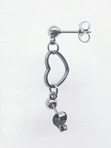 1pc Silver Plated Double Pierced Stainless Steel Earring With Heart Shaped Pendant