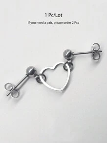 1pc Silver Plated Double Pierced Stainless Steel Earring With Heart Shaped Pendant
