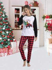 2 件套女式聖誕家庭配套睡衣套裝,含長袖上衣和長格子下裝,度假休閒舒適家居服 - 白色 - 查看 4