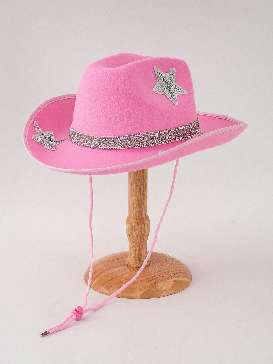 1 件裝女式粉紅色亮片裝飾星星貼片西部牛仔帽,波西米亞風格音樂會 Rbd 帽子,kj 靈感牛仔高頂帽派對帽適合正式場合派對度假服裝 - 粉色 - 查看 1