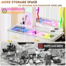 MDGC RGB Makeup Vanity Desk with Wireless Charging Station,7 Dynamic and 7 Static Dimmable Vanity Table with Visible Glass Top,Auto Sensor LED Make up Vanity with Mirror and Lights,Stool