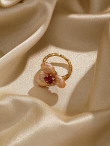 1枚可愛又優雅的天然珍珠和搪瓷滴水花和葉子的假日聚會開口戒指,度假風格 - 紅色 - 查看 3