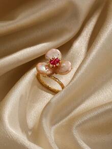1枚可愛又優雅的天然珍珠和搪瓷滴水花和葉子的假日聚會開口戒指,度假風格 - 紅色 - 查看 2