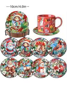 8入組附支架的聖誕鑽石畫杯墊套裝,diy鑽石藝術套件,用於製作杯墊,全鑽頭方形鑲嵌刺繡套件,適用於成人和兒童的初學者藝術工藝用品