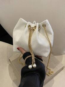 Mini New Fashion Straw Woven Golden Chain Drawstring Bucket Bag, Beach Bag, Hottest Beach Bags - White - View 2