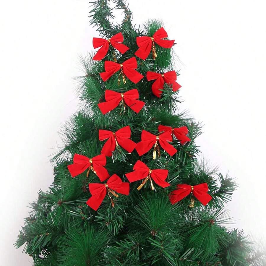 1 Juego (12 Piezas) Mini Corona De Árbol De Navidad Rojo Y Colgantes De Lazo Para La Decoración Navideña