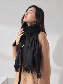 1 Miếng Của phụ nữ vui tươi Và Dễ thương Bắt chước Cashmere Số lớn Tua dài Màu thuần Cổ điển Ấm áp Khăn choàng , Cặp đôi Qủa tặng Giải trí - màu đen - Xem 2