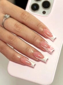 Express Your Love with 24 pcs long square press on nails peach pink girl Pearl pink bow Fairy Strawberry Milk flowing heart everything fake nail with 1 piece jelly and 1 file strip - Multicolor - View 2