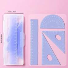 4pcs/set Jelly-Colored Kawaii Math Rulers Set, With Storage Box, Geometry Rulers For School & Office -Triangle Straight Rulers & Protractor Painting Rulers - Blue - View 2
