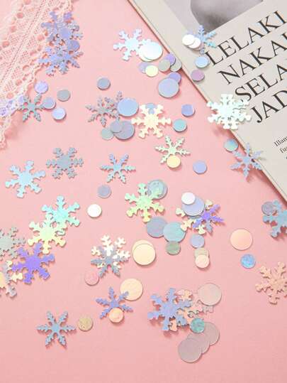 450片全息雪花彩纸屑，炫彩冰雪主题桌饰，适用于生日派对、冬季仙境装饰、儿童冰雪奇缘主题派对装饰