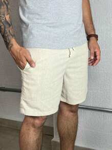 Bermudas De Lino Para Hombre Con Cordón - Blanco - Ver 3