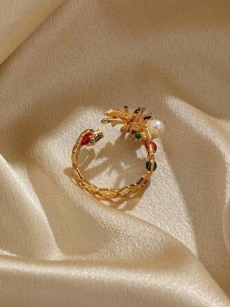 1 Anillo Abierto De Fiesta De Vacaciones De Moda Con Perla Barroca Y Circonita Cúbica Con Estilo De Vacaciones Lujosas