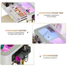 MDGC RGB Makeup Vanity Desk with Wireless Charging Station,7 Dynamic and 7 Static Dimmable Vanity Table with Visible Glass Top,Auto Sensor LED Make up Vanity with Mirror and Lights,Stool