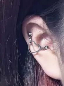 1pc Silver Plated Double Pierced Stainless Steel Earring With Heart Shaped Pendant