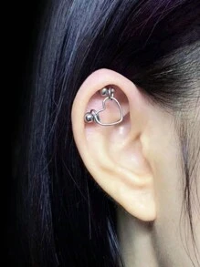 1pc Silver Plated Double Pierced Stainless Steel Earring With Heart Shaped Pendant