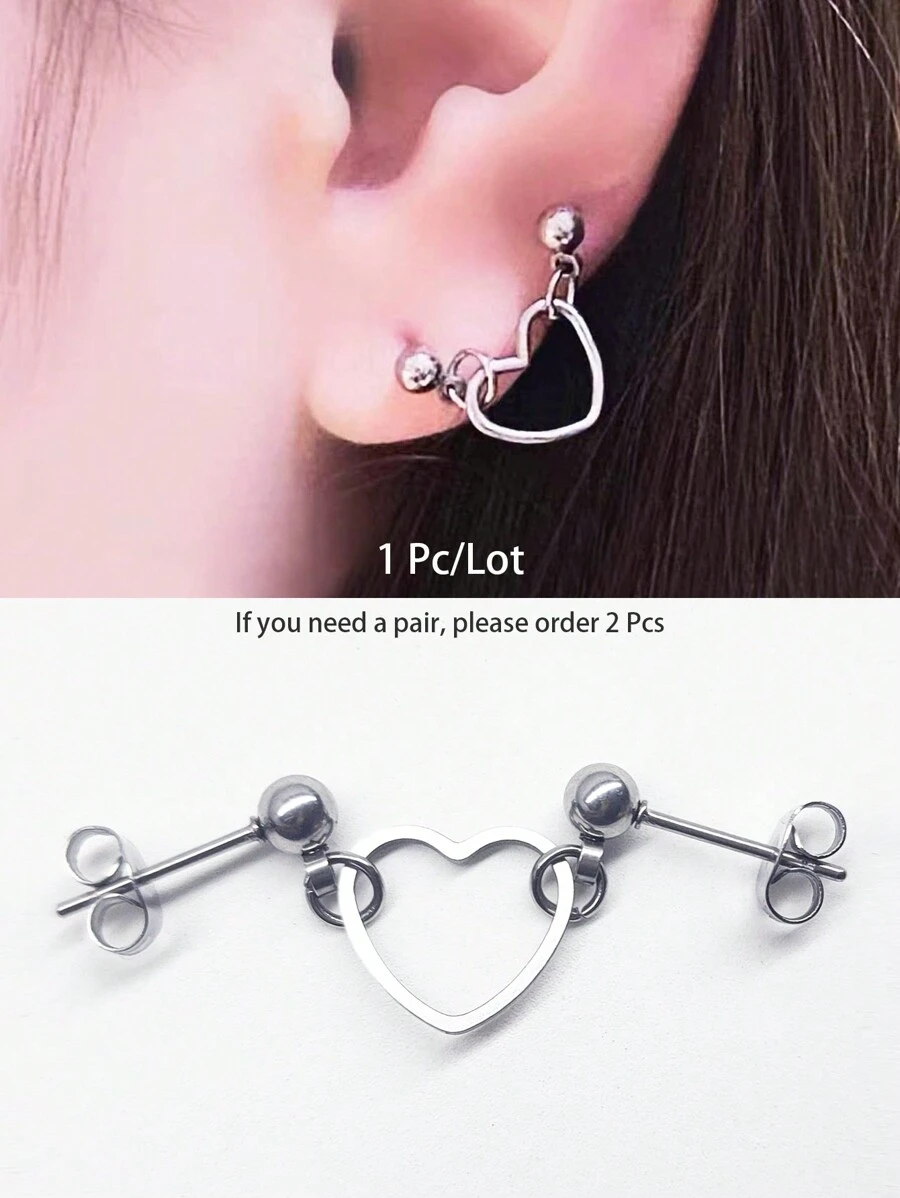 1pc Silver Plated Double Pierced Stainless Steel Earring With Heart Shaped Pendant
