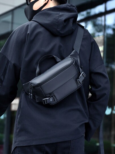 Stylish Solid Black Oxford Cloth Crossbody Shoulder Waist Bag For Men, Multi-Pocket Utility Pack, Durable Lightweight Urban Everyday Travel Gear