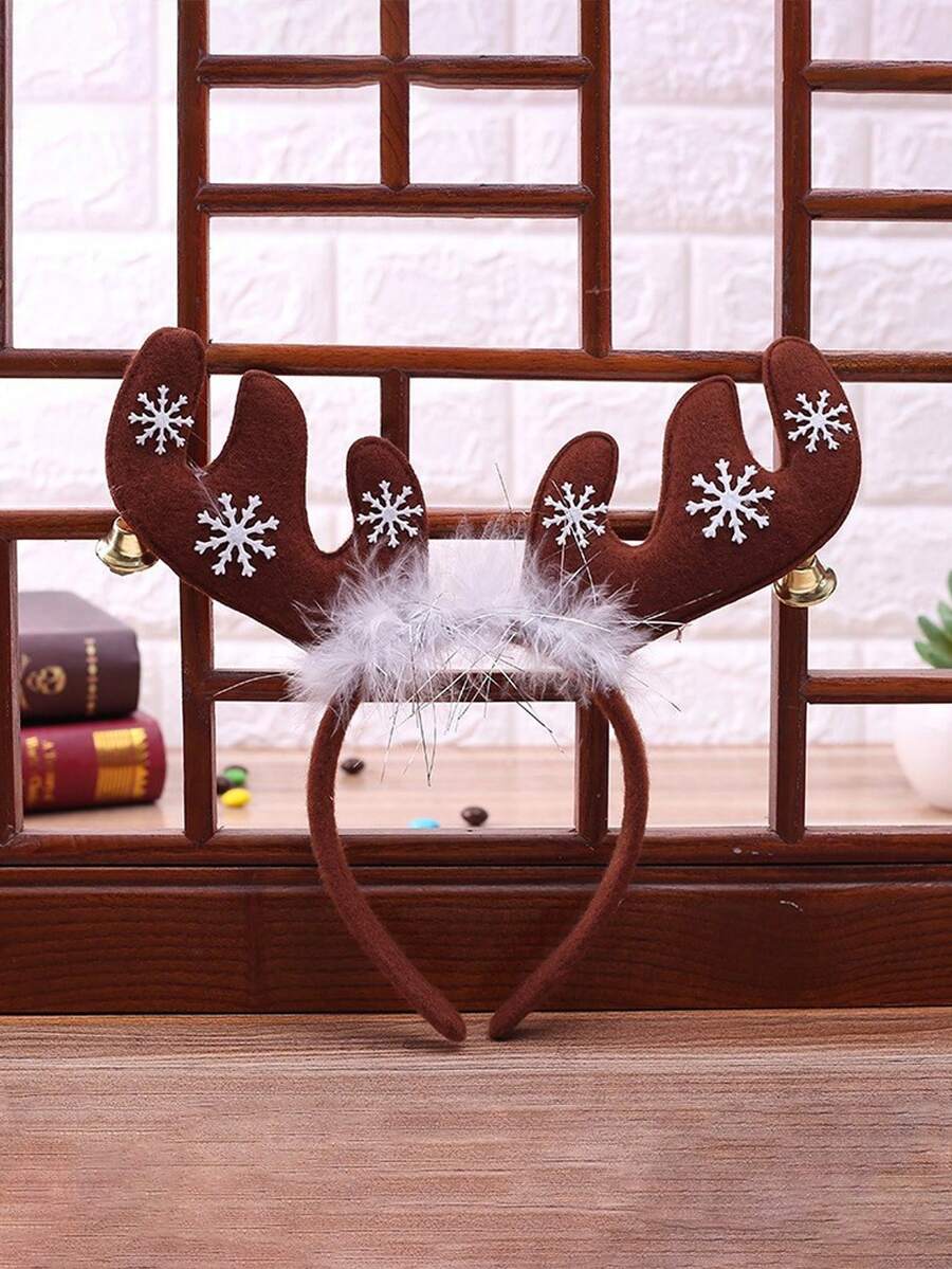 1入組聖誕節主題鈴鐺和米色馴鹿角頭箍,可愛時尚風格,絕佳增添節慶氣氛,適合成人和兒童穿戴,適用於各種場合 - 卡其色 - 查看 1