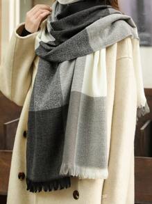 Elegant 1pc Women Color Block Women Scarf, Short Fringe Knit Scarf, Suitable For Fall And Winter